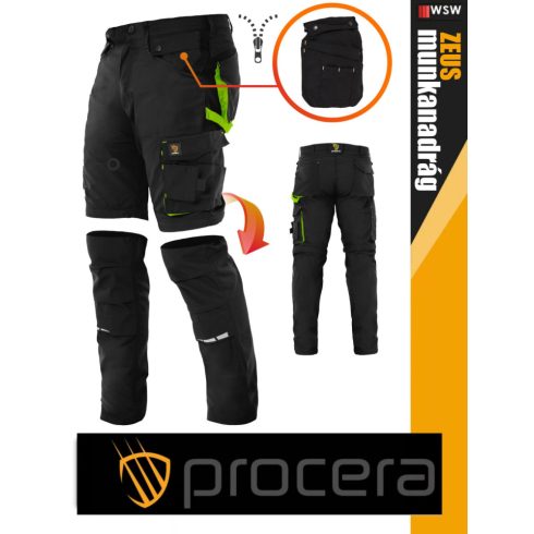 Procera ZEUS BLACK 2in1 rip-stop hasadásmentes levehető szárú rövid és slimfit deréknadrág - munkaruha